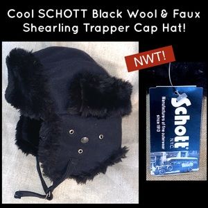 SCHOTT Black Wool & Faux Shearling Trapper Cap Hat